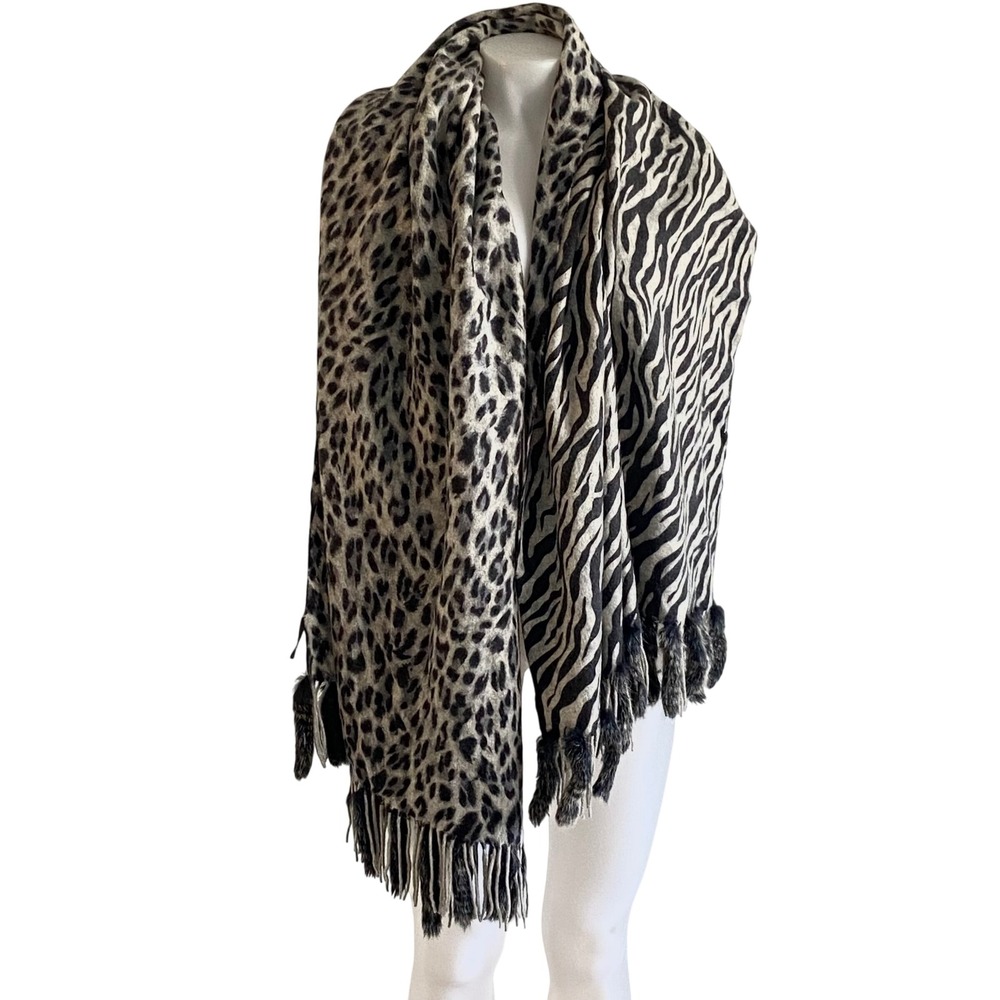 Gabriella 100% Wool Scarf Leopard Zebra Print Genuine Rabbit Fur Trim Grey Black